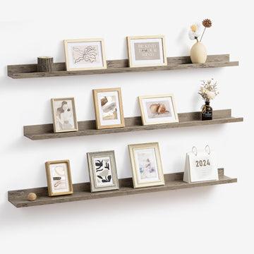 Picture Ledge Shelf, 48 Inch Grey Floating Shelves Set of 3 | Wall Shelves with Lip, Rustic Grey Wood Picture Shelf
