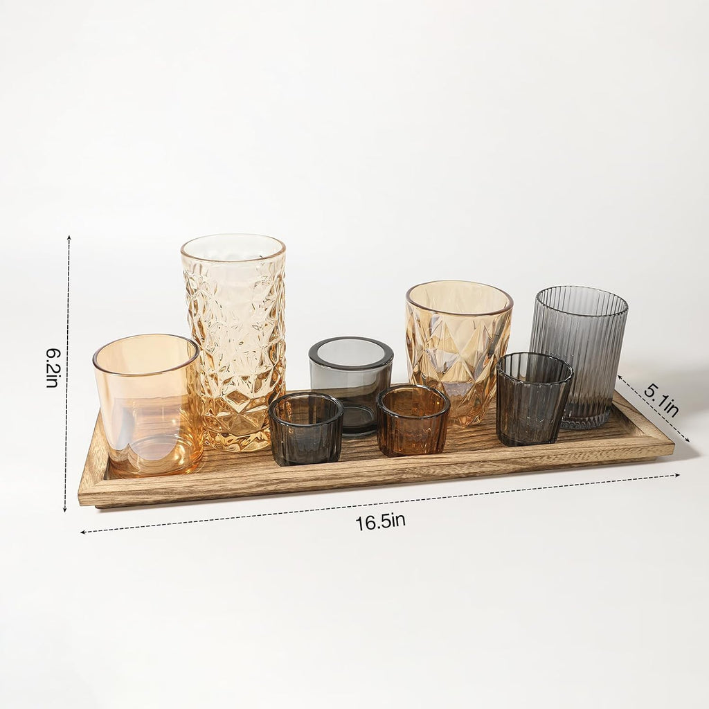 Rustic Wooden Tray with 8 Brown Glass Votive Candle Holders, Decorative Tea Light Holder Set for Mantel, Centerpiece
