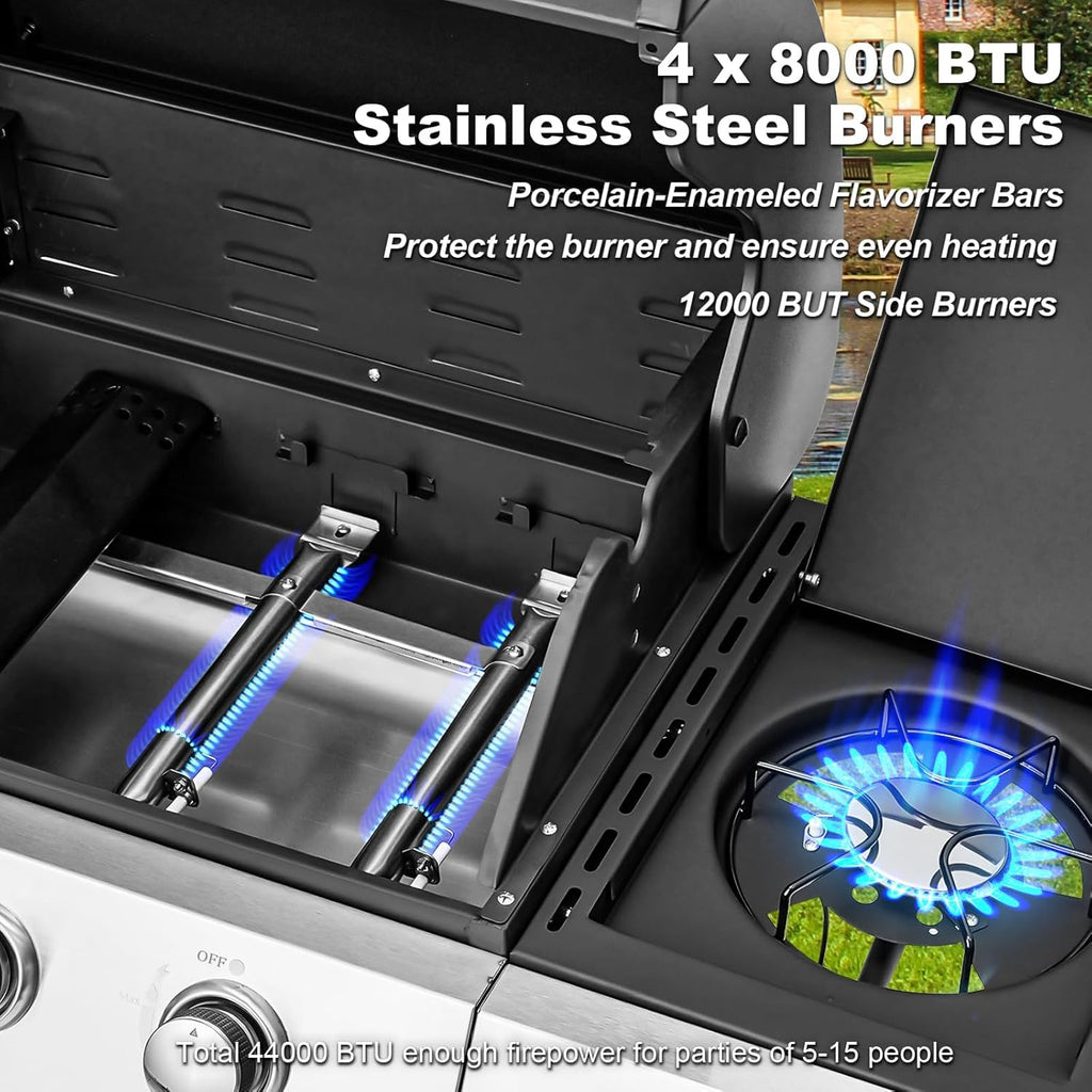 4-Burner Propane Gas Grill, 44,000 BTU BBQ Grill with Side Burner and Cast Iron Grates, Stainless Steel Outdoor Grill for Patio and Camping