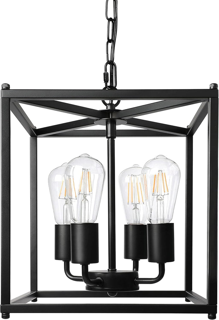 4-Light Black Farmhouse Chandelier, Iron Lantern Pendant Light Rustic Cage Adjustable Height, E26 Base Industrial Hanging Lights for Kitchen Island Dining Room Hallway Foyer Entryway A128-B0B84D1TCK
