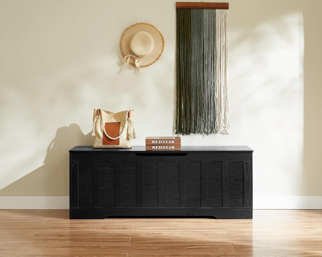 51.2" Storage Chest Extra Large,Wooden Storage Bench,Black | Chest with 2 Safety Hinges, 51.2*15.7*19.1inches, Wooden