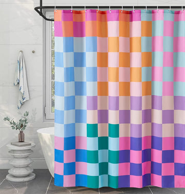 Multicolored Checkered Retro Fabric Shower Curtain Extra Long 72 Inches Length, Bright Rainbow Colorful Modern Simple
