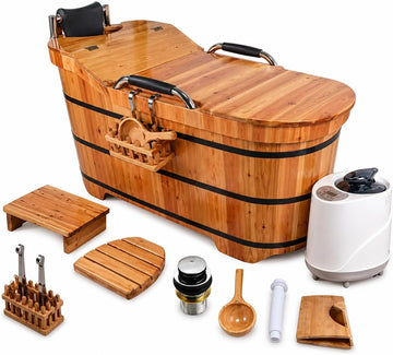 Cedar Wood Soaking Tub for Adults, Freestanding Wooden Bathtub with Lid & Steamer, Deep Japanese Style Bath Tub with