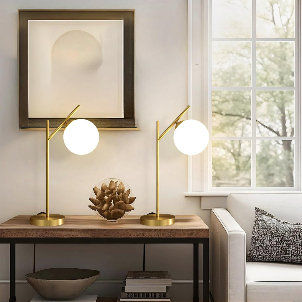 Mid Century Modern Table Lamp, 1 Light Brass Glass Globe Bedside Lamp