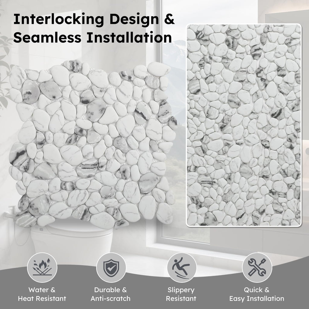 For Shower Floor, White Marble Veins Oval, 8 Sheets