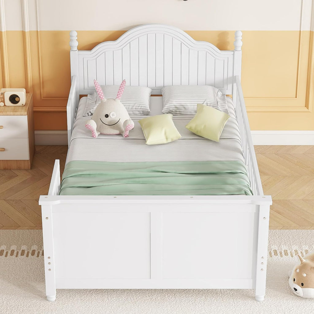 Twin Kids Bed Frame with Full-Length Guardrails, Low Profile Wood Platform Bed with Headboard & Footboard, Removable