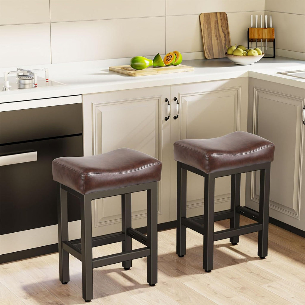 Counter Height Bar Stools Set of 2, 24 Inch Barstools Island Counter, Bonded Leather Kitchen Stools with Thick Saddle