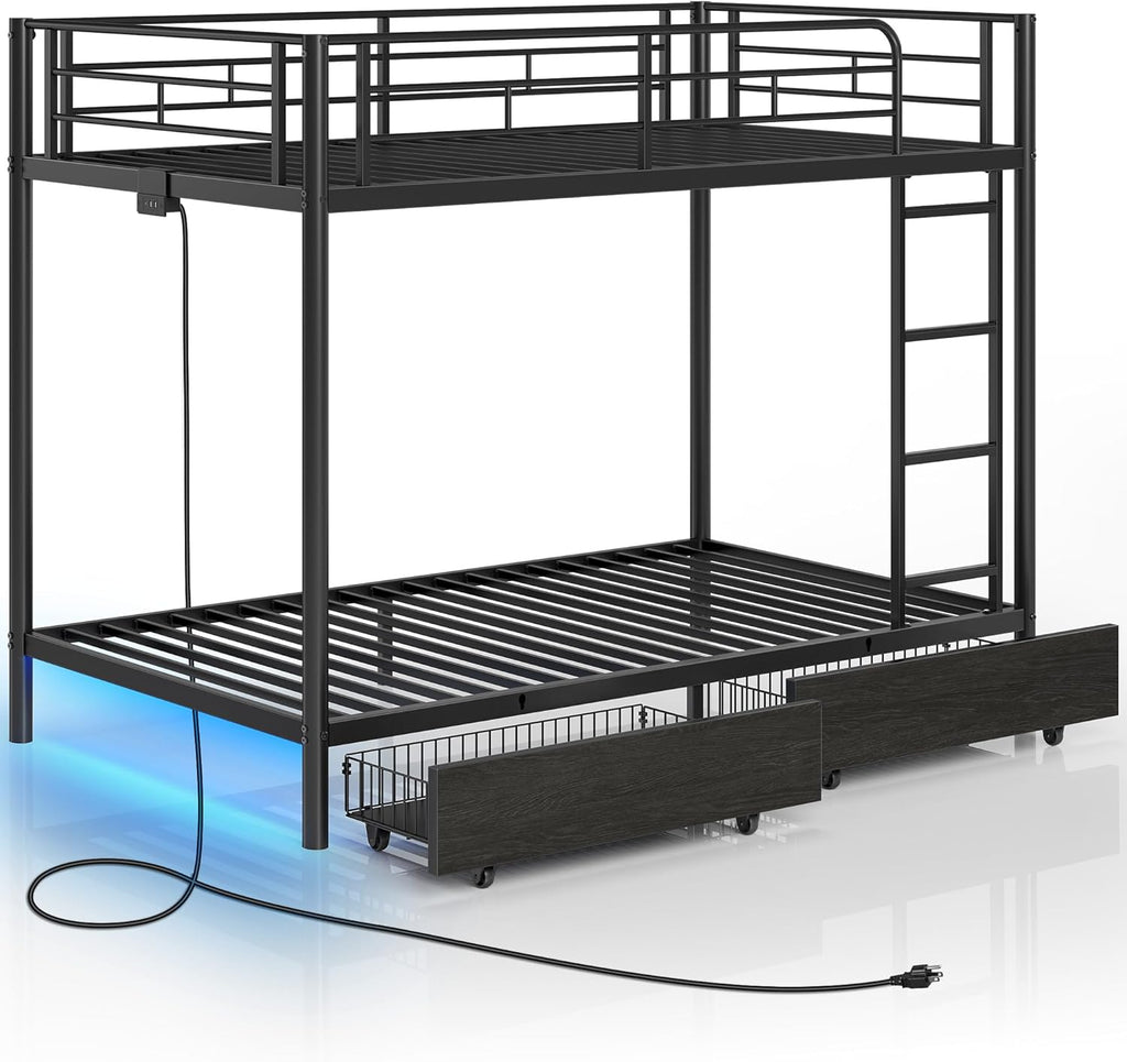 Metal Bunk Bed Twin Over Twin with USB Charging Station, LED Bunk Bed with 2 Storage Drawers