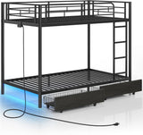 Metal Bunk Bed Twin Over Twin with USB Charging Station, LED Bunk Bed with 2 Storage Drawers