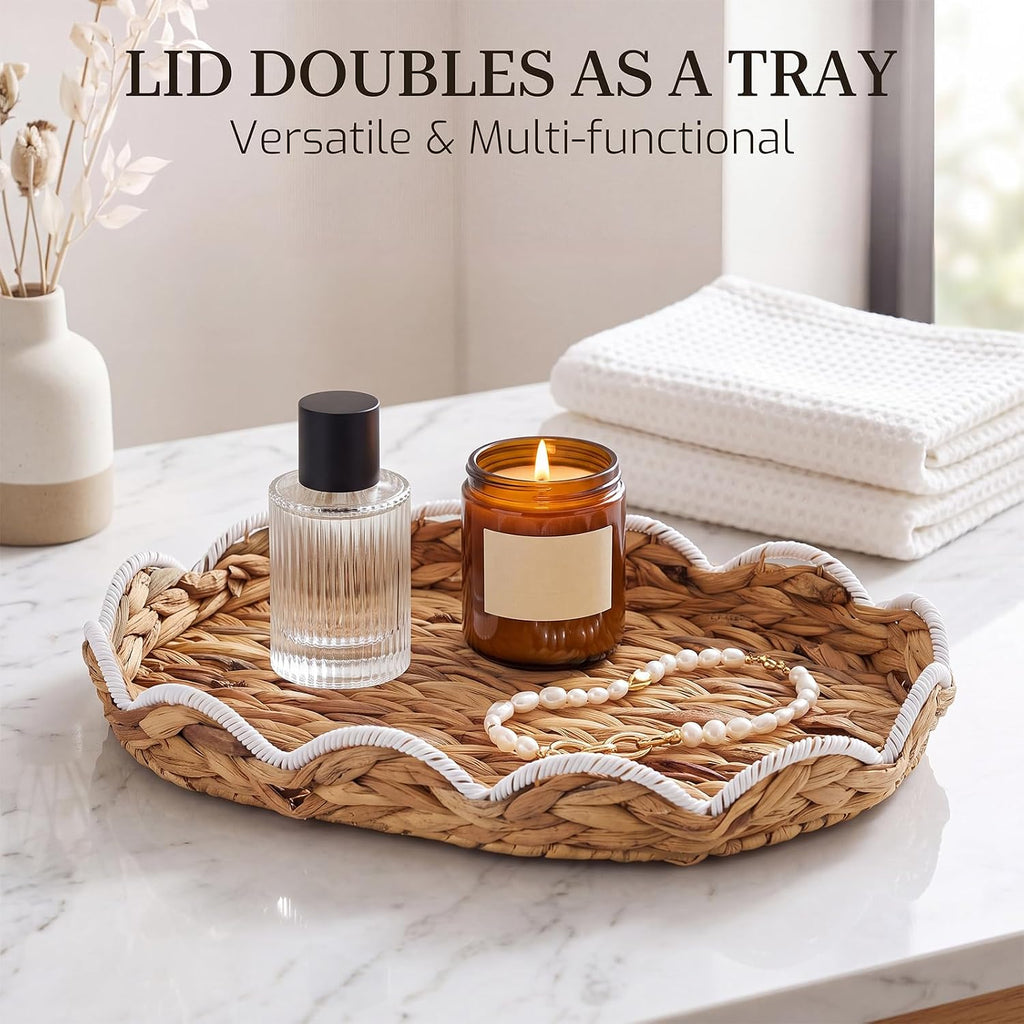 Set of 2 Wicker Storage Baskets with Lid Rattan Basket Decorative Boxes with White Scalloped, Handwoven Storage Box