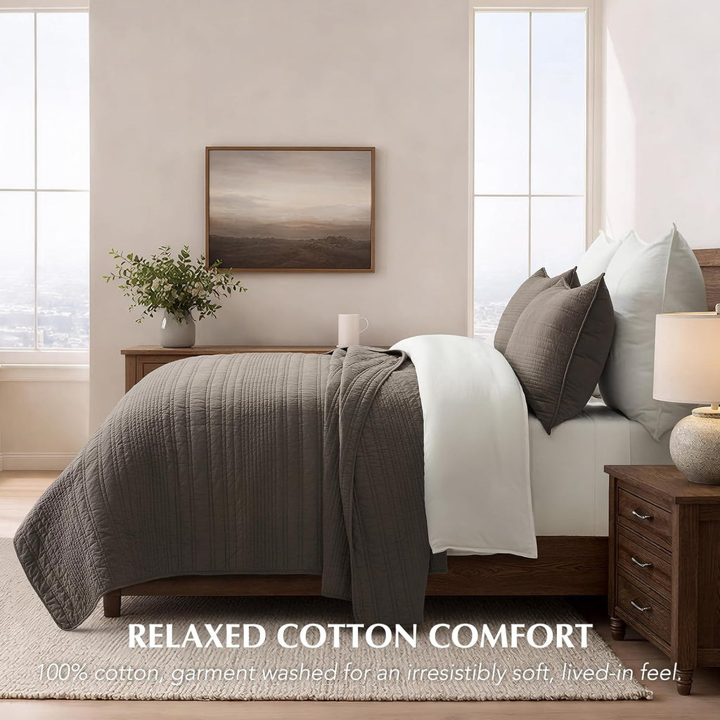 HOME 100% Cotton Modern Lines Quilt Set King, Mushroom Brown