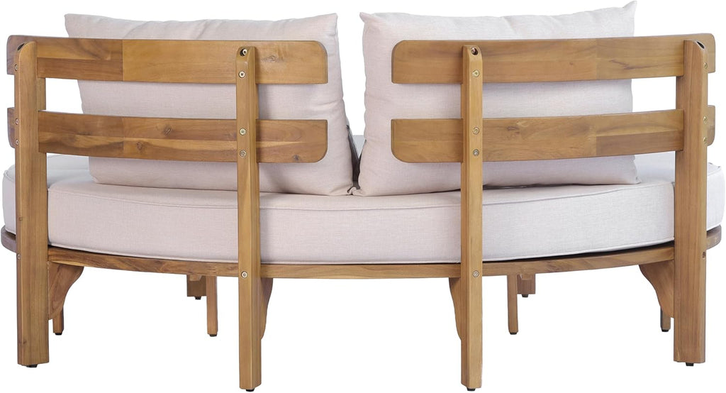 Outdoor Acacia Wood Round Daybed with Curved Slatted Backrest, Cushion and 4 Pillows, All Weather Patio Double