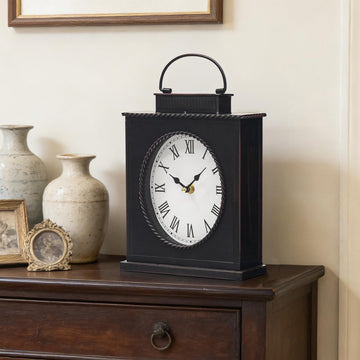 Vintage Mantel Clock, Large Rustic Distressed Metal Table Clock with Handle, Silent Non-Ticking Quartz Movement