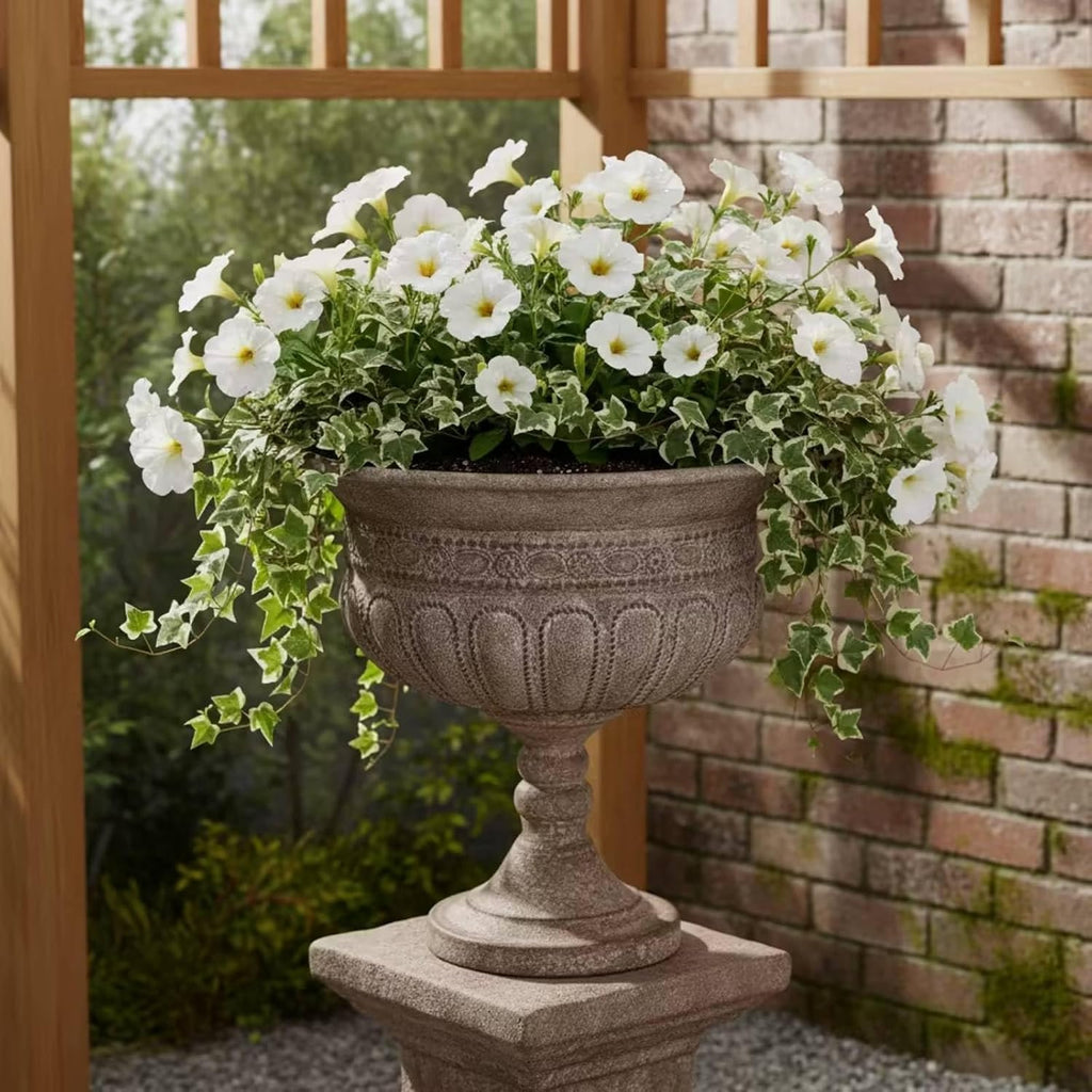 Outdoor Trophy Vase Garden Urn Planter Pedestal Pottery Decorative Container Iron Construction Textured Stone Like