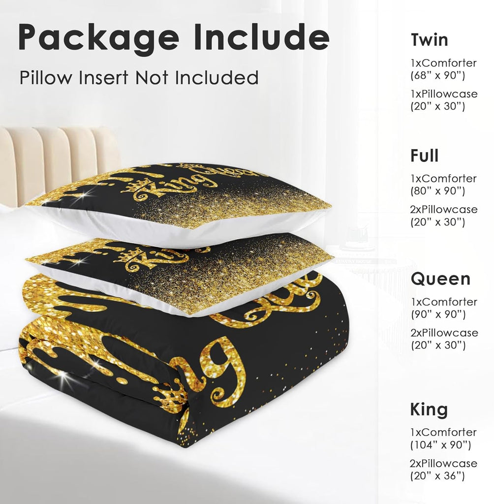 Comforter Set Queen, King Queen Black Gold 3 Pcs Soft Bedding for Kids and Adults