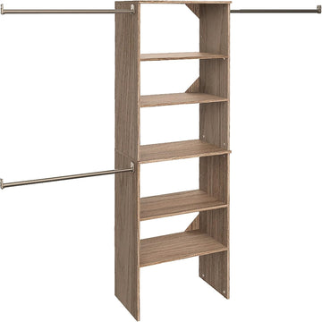 SuiteSymphony Wood Closet Organizer Starter Kit with Tower and 3 Hang Rods, Shelves, Adjustable, Fits Spaces 5 - 10