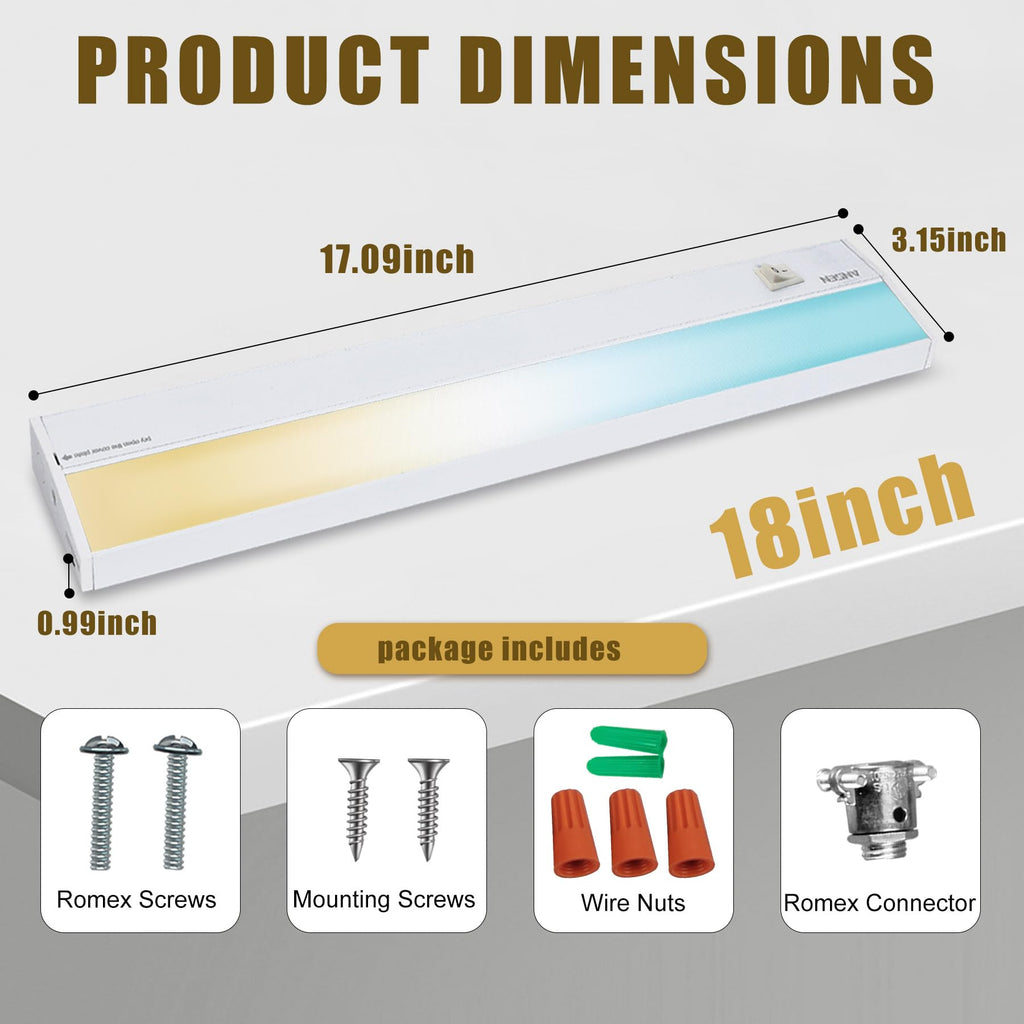 Hardwired Under Cabinet Lighting, 18inch 15W LED Light /Closet, 998.4lm, CRI>92, R9>90, Dimmable, 5 Color