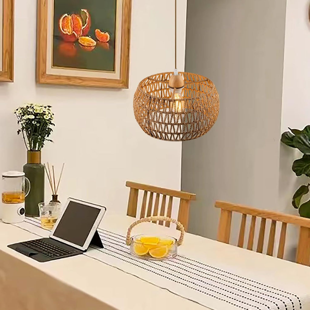 Rattan Pendant Light Fixture Ceiling Bohemian Chandelier Flush Mount Hanging Light 12.99-inch Small Woven Lamp Shade