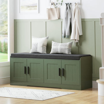 2-Tier Storage Bench, Shoe Bench with Thickened Padded Seat Cushion, Entryway Bench with 4 Doors, Adjustable Shelf
