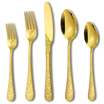 Modern Carved Floral Gold Stainless Steel 20-Piece Flatware Set