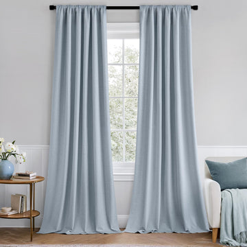 100% Blackout Back Tab Pleat Linen Curtains, Chambray Blue - Set of 2