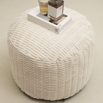 Round Stuffed Pouf Ottoman for Foot Rest 20" X 15" Faux Fur Poufs, Beige