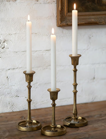Cast Iron Candlestick Holders: Antique Brass Taper Candle Holders with Unique Drip Wax Aesthetics - Set of 3 Gold