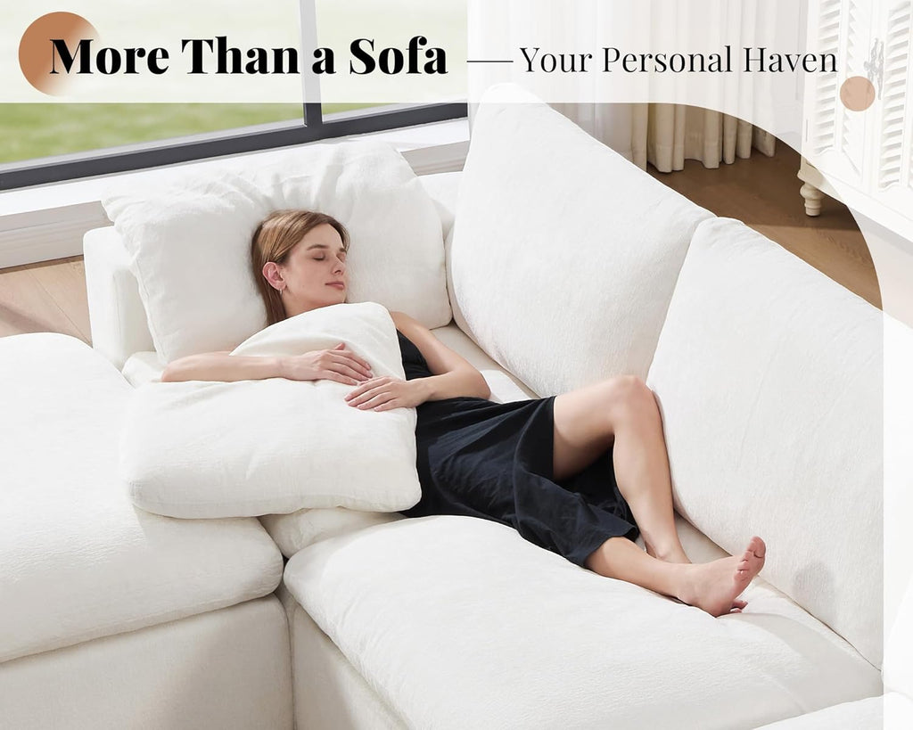 120" Cloud Modular Sectional Sofa, No-Assembly Oversized Chenille Couch with 76.4" Extra-Deep Chaise, Modern White