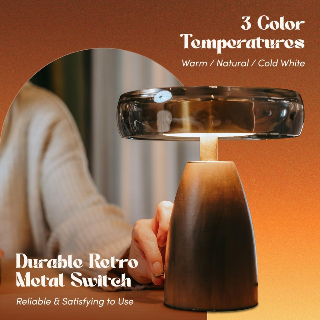 9” Table Lamp Lamp with Wood Base, Stained Glass Shade, 3 Color Temperature