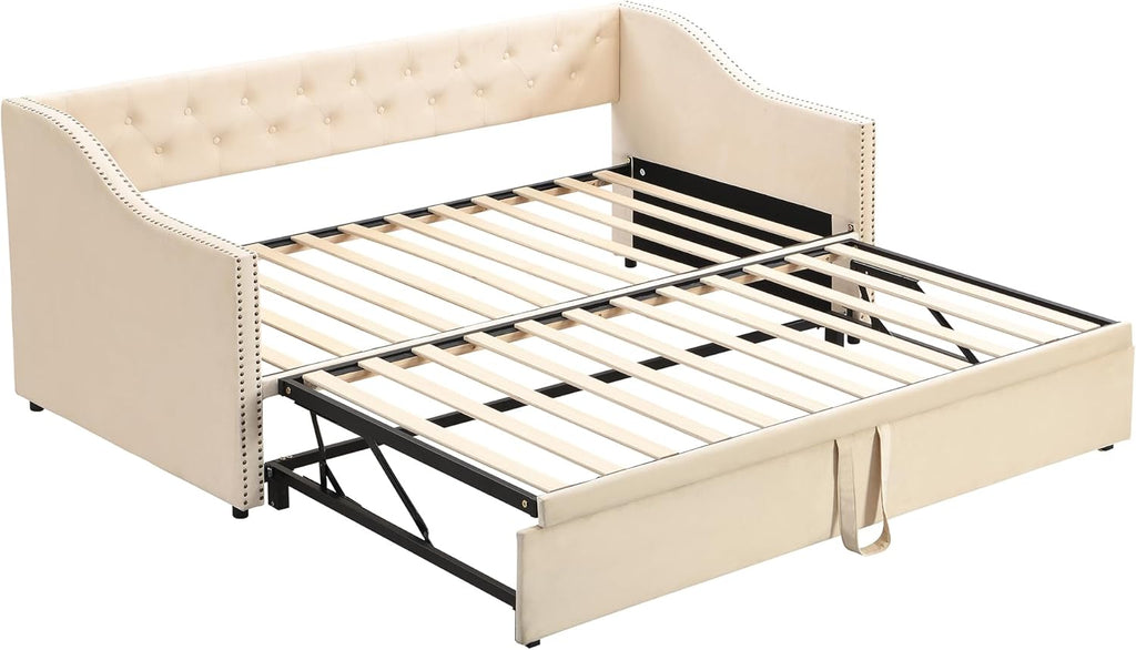 Twin Size Upholstered Velvet Daybed with Pop Up Trundle, Multi-Functional Sofa Bed with Backrest and Two Armrest for