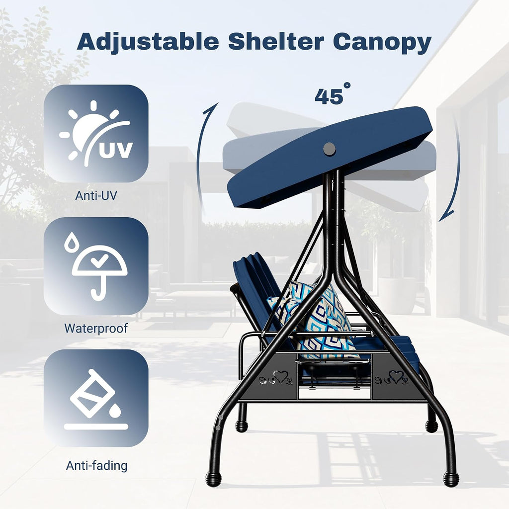 Patio Swing with Adjustable Canopy 3-Seat Outdoor Porch Swing with Stand for Adults 2-in-1 Convertible Swing Bed
