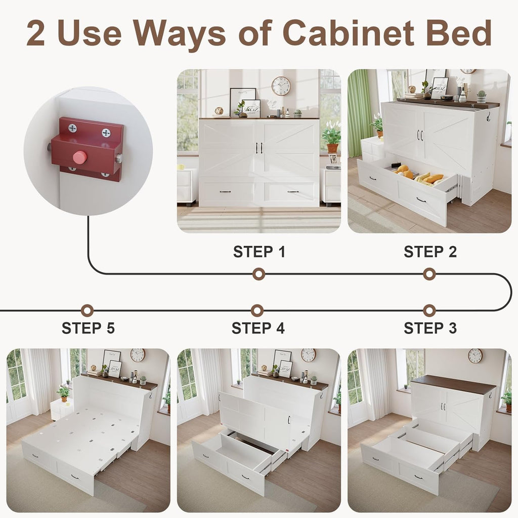 Full Murphy Bed with Storage & Charging Station, Murphy Cabinet Bed with Drawer for Guest Bedroom, Living Room