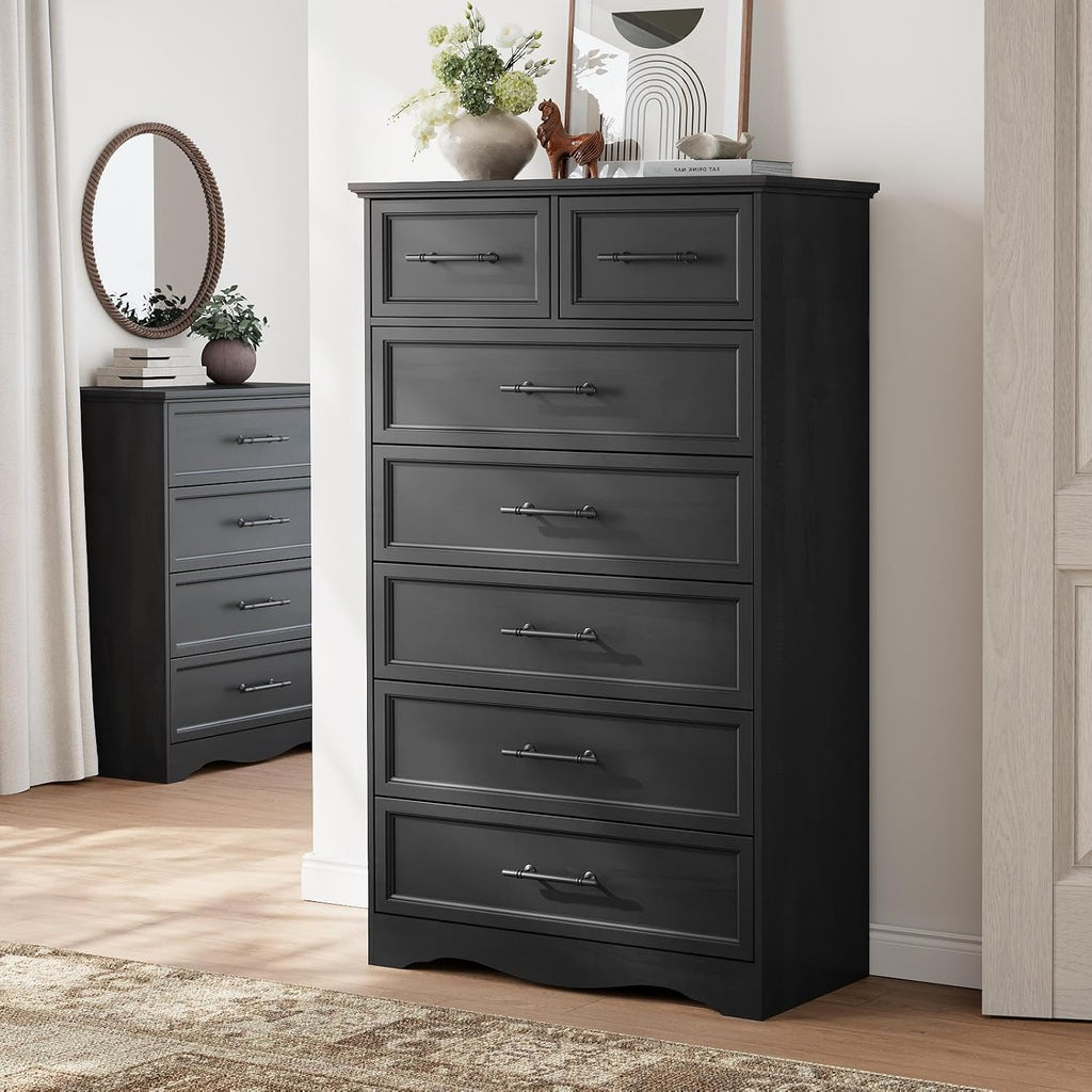 Black 7 Drawer Dresser , 52" Tall Chest of Drawers | Brushed Metal Handles, Unique Base Design, Replicated Wood Grain