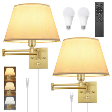Remote Control Dimmable Wall Sconce, Adjustable Color Temperature 2700K-6500K Brushed Brass Swing Arm Wall Lights