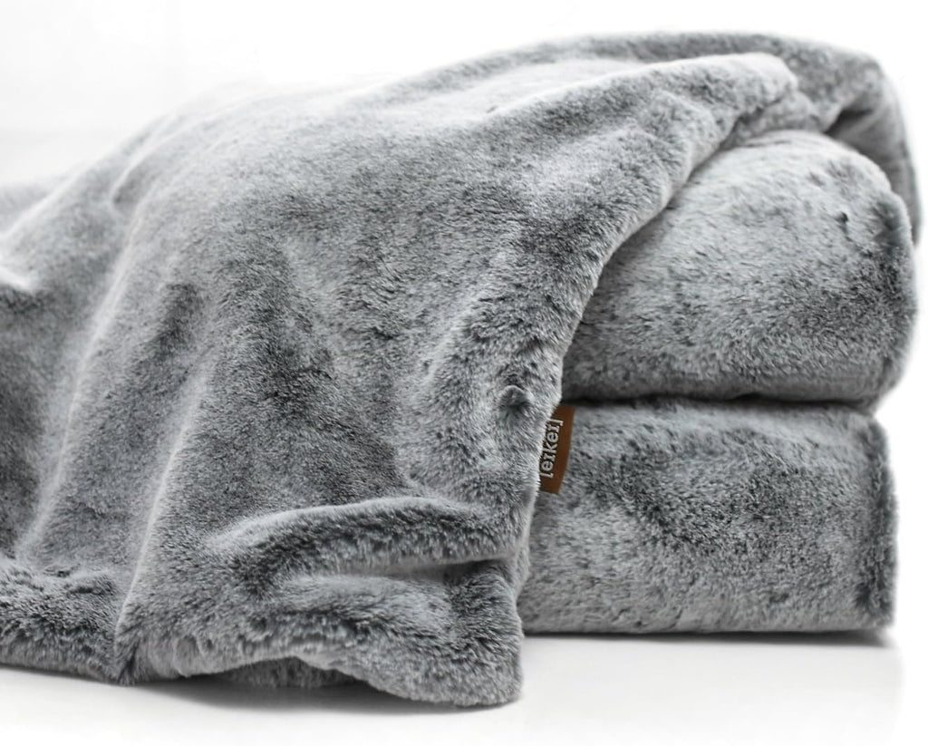 Double Sided Faux Fur Throw Blanket Silky Soft Oversized Afghan Machine Washable, Grey Striped Mink Chinchilla Shadow