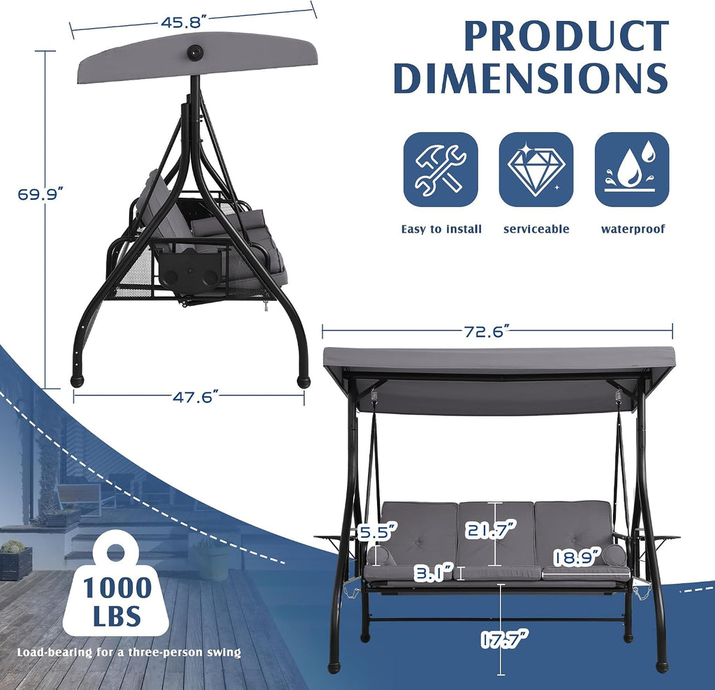 3-Seat Outdoor Porch Swing with Adjustable Canopy, 3 Person Convertible Porch Swing Bed with Stand, Heavy Duty Patio