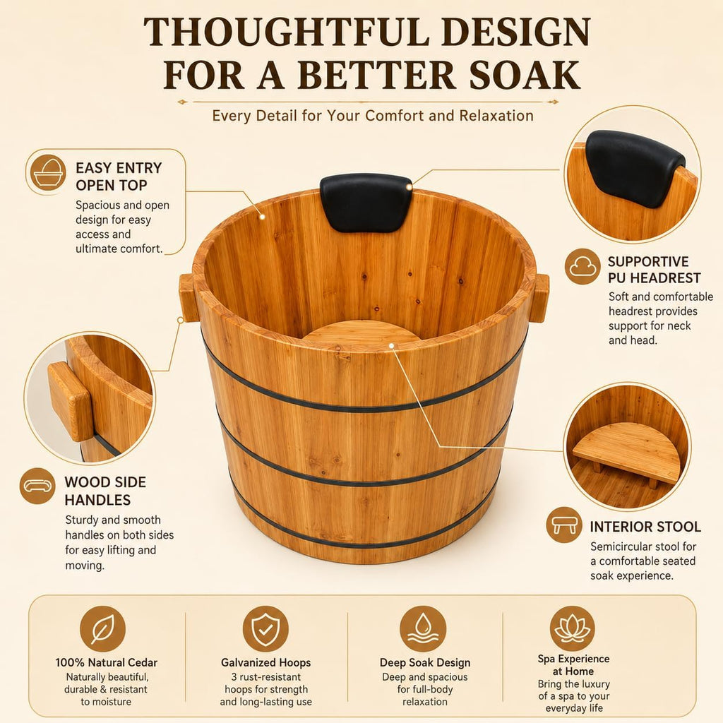 Luxury Fragrant Cedar Soaking Tub - Japanese Style Round Wooden Bathtub with Foot Massager & Full Accessories (wooden