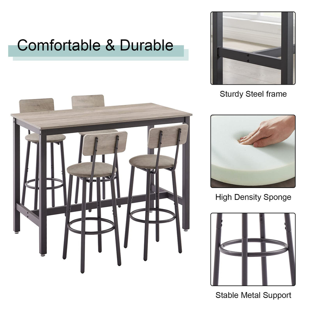 Bar Table and Chairs Set for 4, 5 Pieces Industrial Counter Height Pub Table and 4 PU Soft Stools with Backrest, High