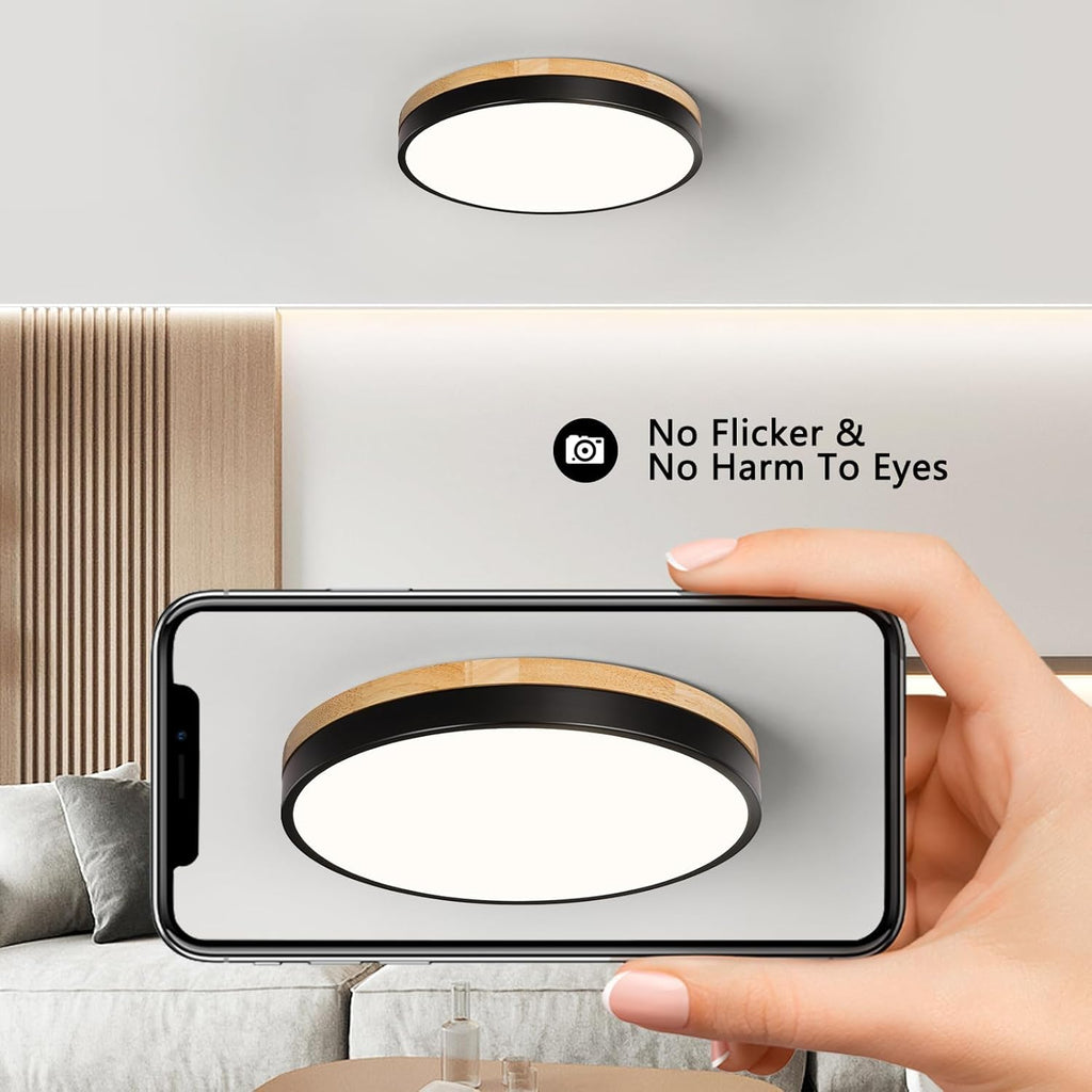 Modern Wood Black Flush Mount Ceiling Light, 11.81" Round LED Low Profile Close to Ceiling Fixture Bedroom Bathroom