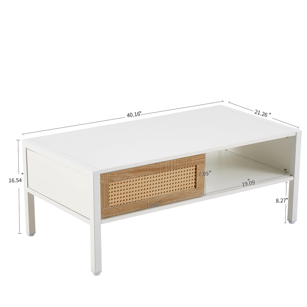 Mid Century Modern Coffee Table with Storage, 40.16 Inch Rectangle Wooden Accent Center Sofa Table with Sliding PE