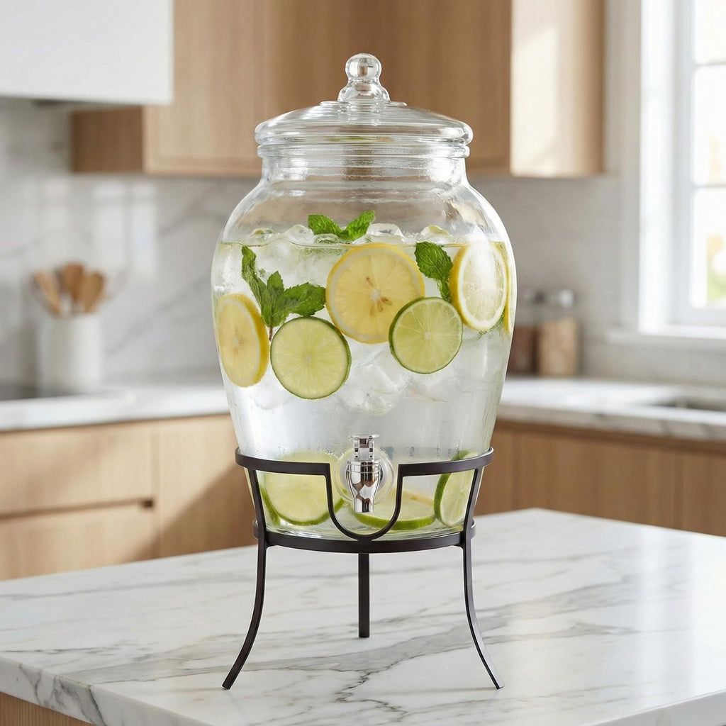 Glass Beverage Drink Dispenser with Metal Rack Stand, 2.64 Gal