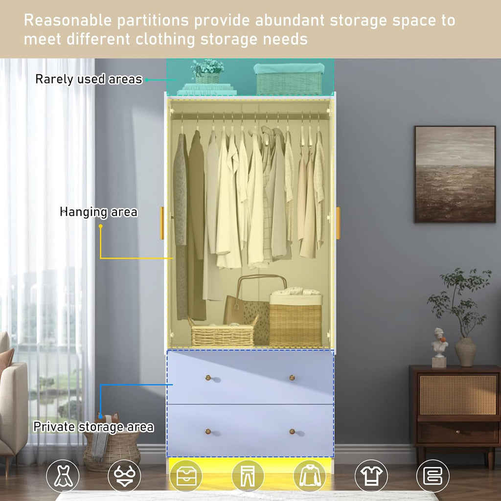 2 Doors Armoire Wardrobe Closet with Mirror, LED Closet with Doors and Drawers, Wooden Wardrobe Storage Cabinet with
