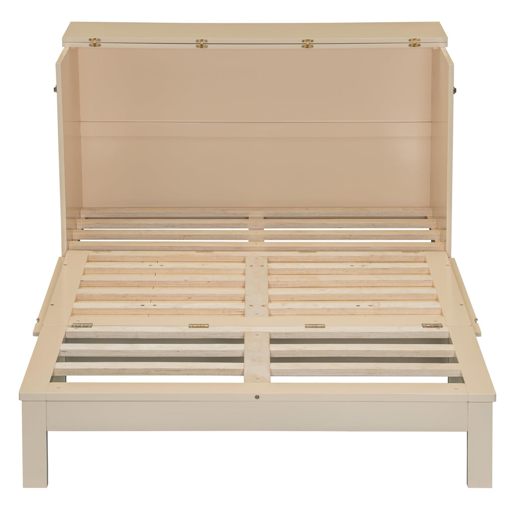 Full Murphy Bed with Large Drawers, Wood Cabinet Bed (Gold)