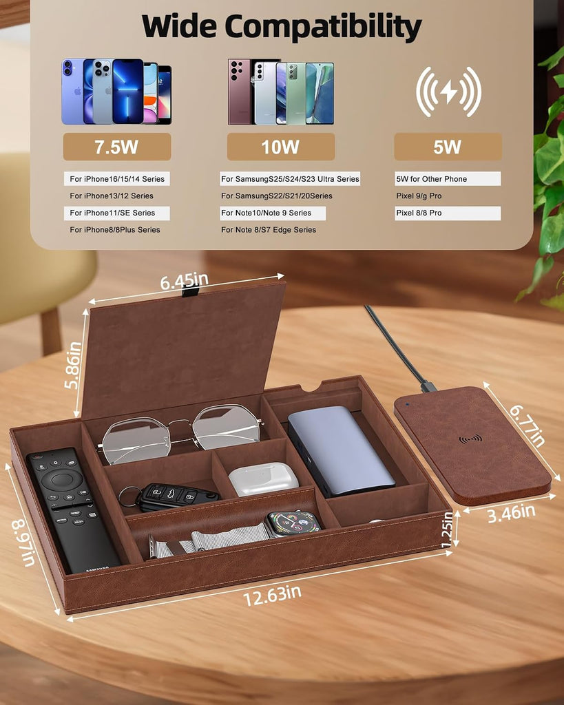 Leather Valet Tray with Wireless Charging Pad - Luxury EDC Nightstand Organizer for Men - Premium Desk Tray
