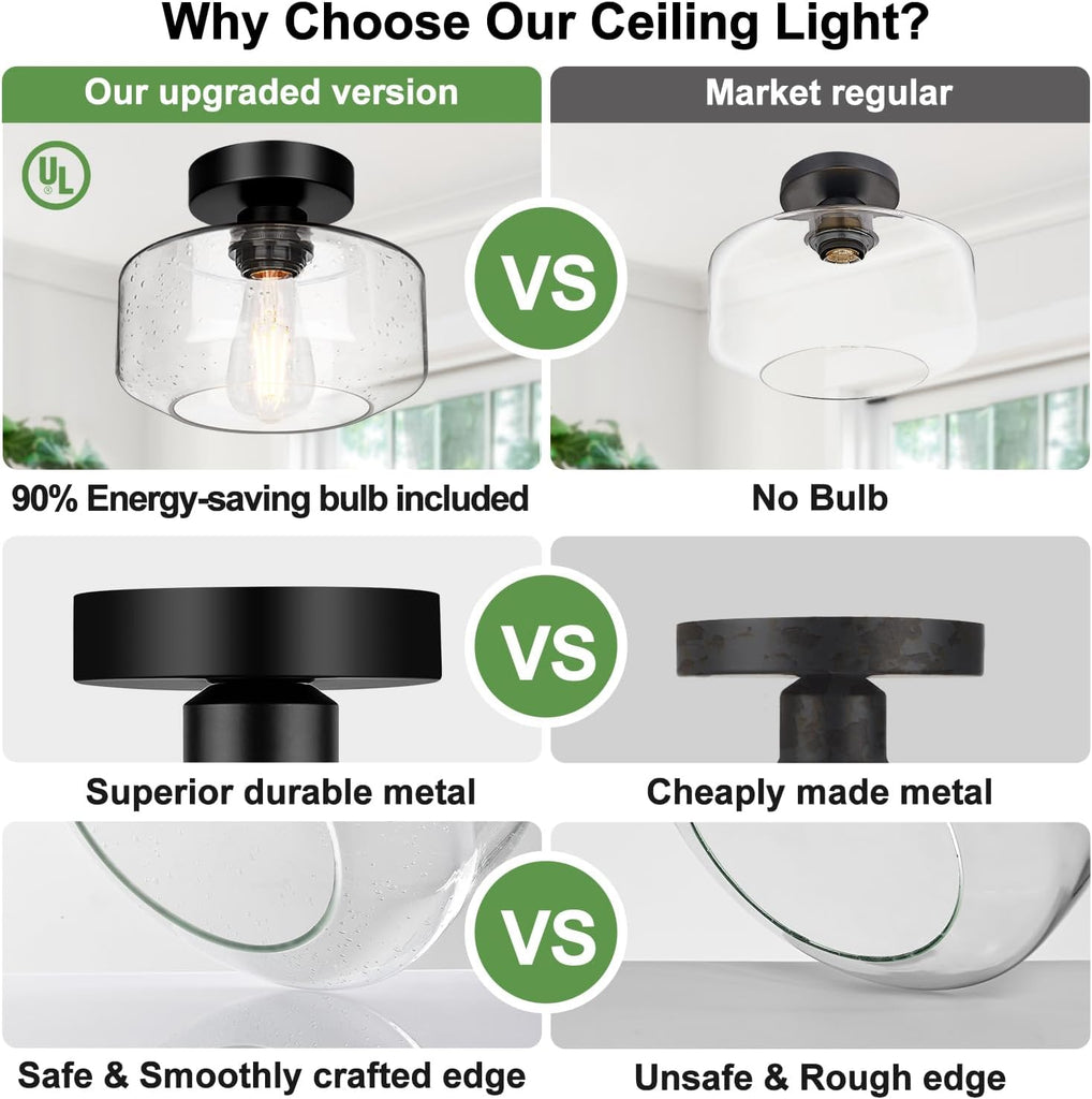 Industrial Semi Flush Mount Ceiling Light, 800 Lumen LED Bulb Included, Seeded Glass Shade Farmhouse Light Fixture