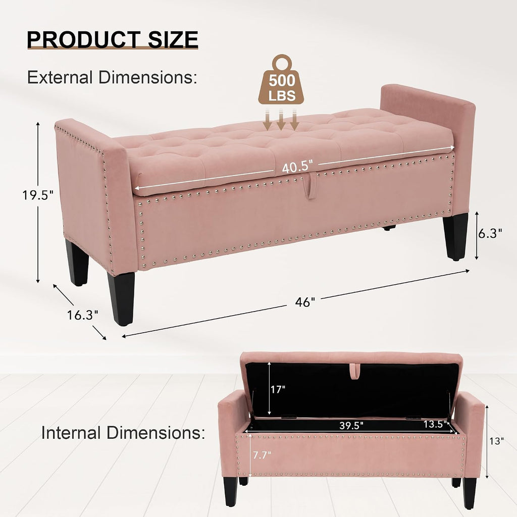 Velvet Ottoman with Storage, 46'' Upholstered Button Tufted End of Bed Bench with Arms, Modern Storage Bench , Pink