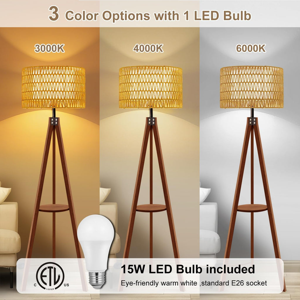 Rattan Wood Floor Lamp Tripod with Shelves, Mid Century Modern Floor Lamps, 3 Color Temperatures with Foot Switch