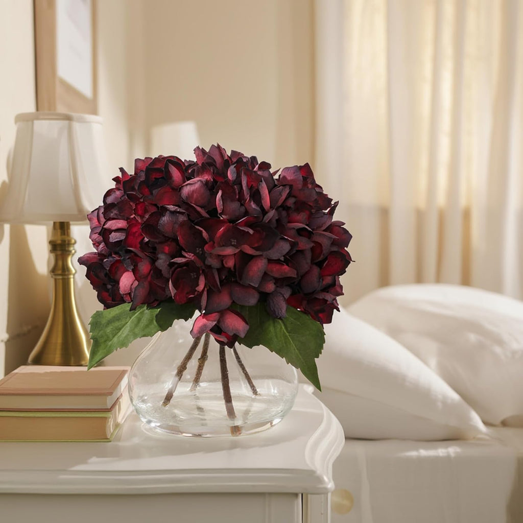 Burgundy Artificial Hydrangea Arrangement in Glass Vase with Faux Water, Lifelike Faux Hydrangea Flowers, Floral