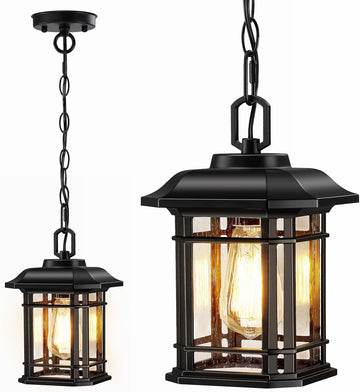 Outdoor Pendant Lights for Porch, Black Exterior Hanging Lanterns, Farmhouse Ceiling Light Fixture