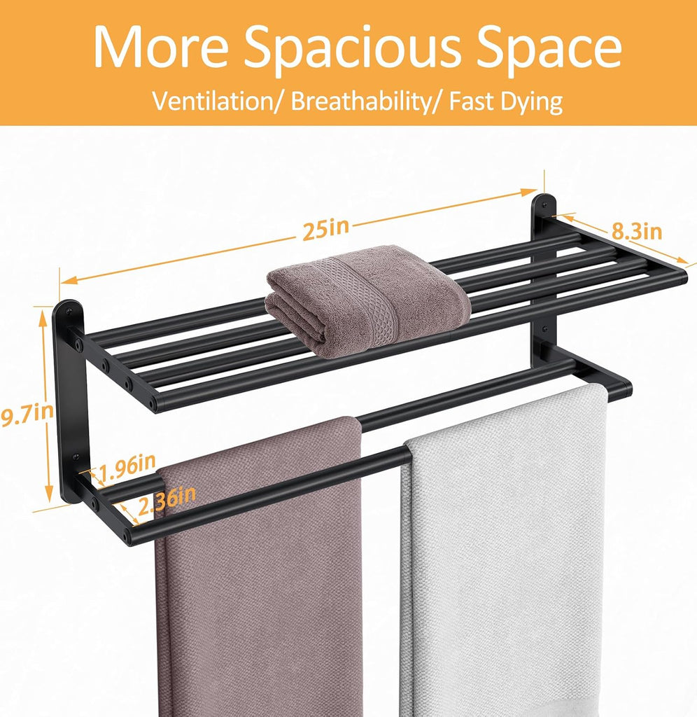 Double Towel Racks , Towel Shelf with Double Towel Bar 24 inch, Towel Rack with Shelf , Stainless Steel Towel Holder
